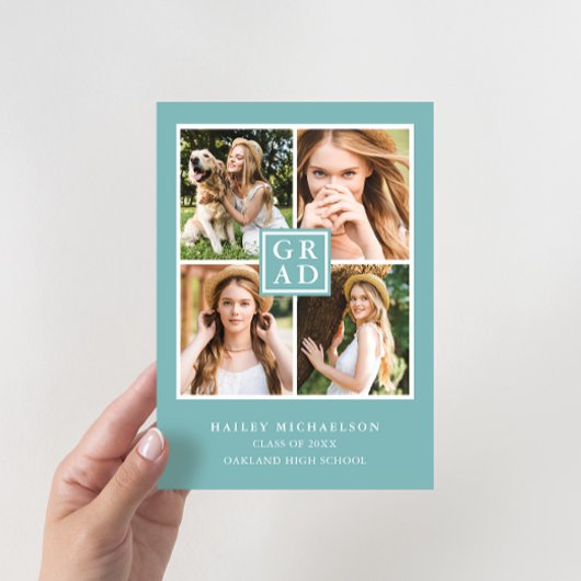 Aqua Blue en White Photo Collage Afstuderen Kaart