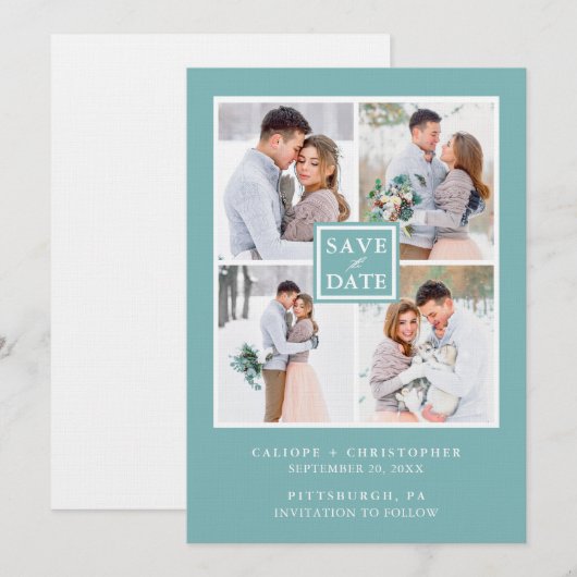 Aqua Blue en White Photo Collage Save the Date (Voorkant / Achterkant)