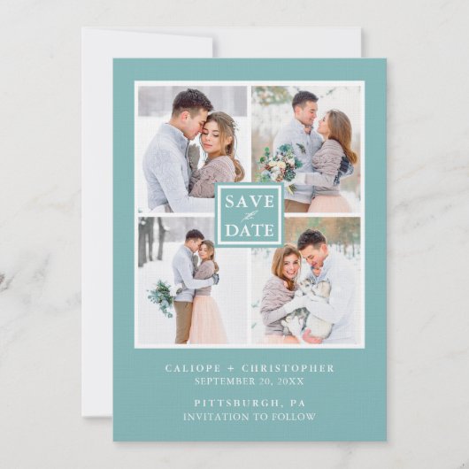 Aqua Blue en White Photo Collage Save the Date (Voorkant)