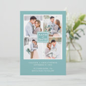 Aqua Blue en White Photo Collage Save the Date (Staand voorkant)