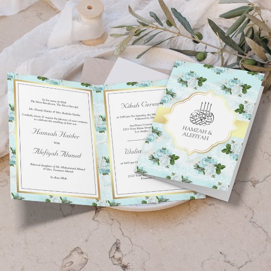 Aqua Blue en White Roses Floral Muslim Wedding