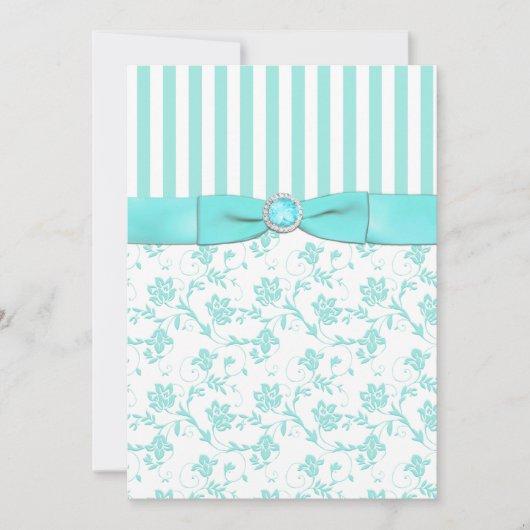 Aqua Blue en White Striped Floral Wedding Invite Kaart (Voorkant)