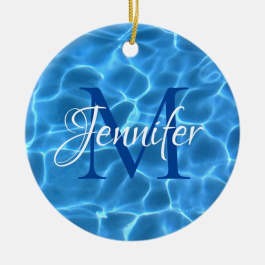 Aqua Blue en White Swimming Pool Photo Monogram Keramisch Ornament (Voorkant)