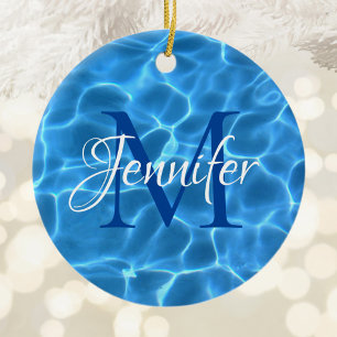 Aqua Blue en White Swimming Pool Photo Monogram Keramisch Ornament