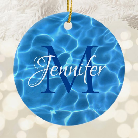Aqua Blue en White Swimming Pool Photo Monogram Keramisch Ornament