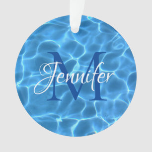 Aqua Blue en White Swimming Pool Photo Monogram Ornament