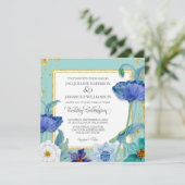 Aqua Blue en White Waterverf Floral Gold Lijst Kaart (Staand voorkant)