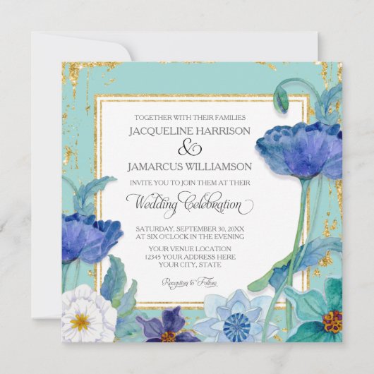 Aqua Blue en White Waterverf Floral Gold Lijst Kaart (Voorkant)