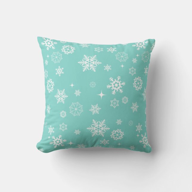 Aqua Blue en White Winter Snowflakes Kussen (Voorkant)