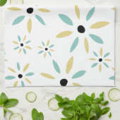 Aqua Blue en Yellow Mid Century Modern Flowers Theedoek (Gevouwen)