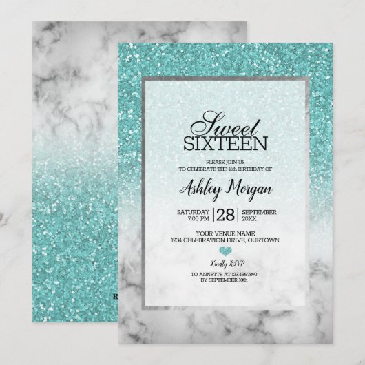 Aqua Blue Faux Glitter en Marble Sweet 16 Party Kaart (Voorkant / Achterkant)