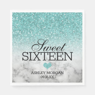 Aqua Blue Faux Glitter/Marble Sweet 16 Servet