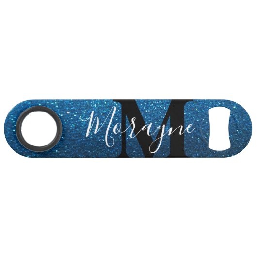 Aqua Blue Faux Glitter Zwart Wit Monogram Naam Speed Flessenopener (Achterkant Horizontaal)