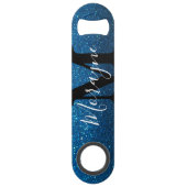 Aqua Blue Faux Glitter Zwart Wit Monogram Naam Speed Flessenopener (Achterkant)
