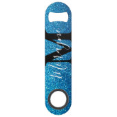 Aqua Blue Faux Glitter Zwart Wit Monogram Naam Speed Flessenopener (Voorkant)