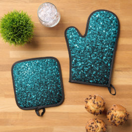 Aqua blue faux sparters ovenwant & pannenlap set