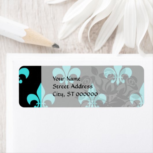 aqua blue fleur de lis - patroon etiket (Insitu)