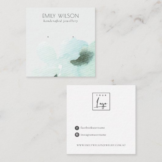 Aqua Blue Floral Abstract Stud oorscherm Vierkante Visitekaartje (Voorkant / Achterkant)