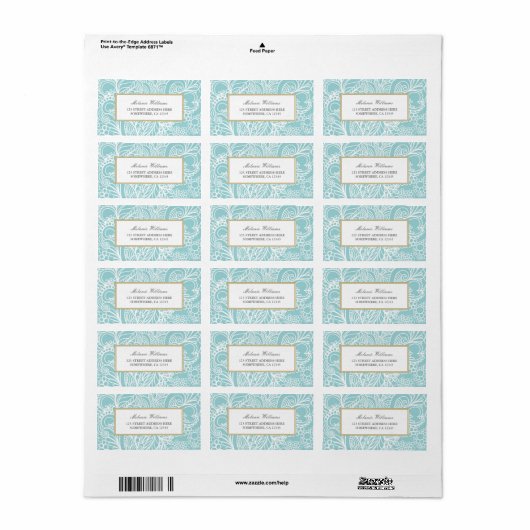  Aqua Blue Floral Adresetiketten Etiket (Full Sheet)
