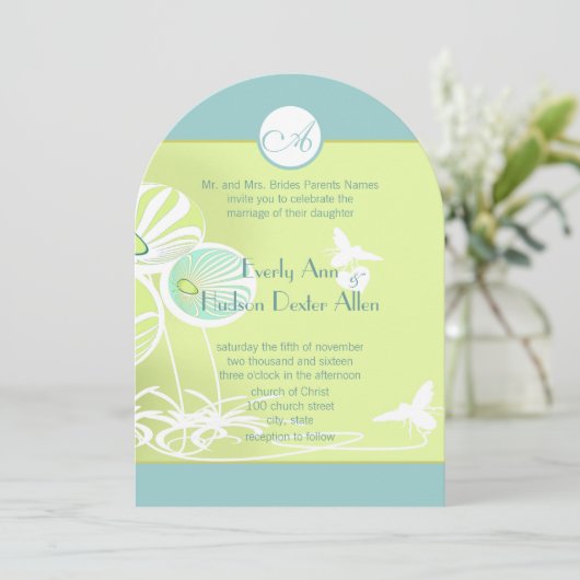 Aqua Blue Floral Bumble Bee Wedding Invitation Kaart (Staand voorkant)