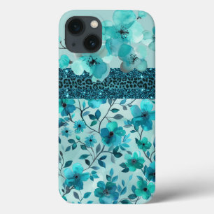 Aqua blue floral faux glitter Case-Mate iPhone case