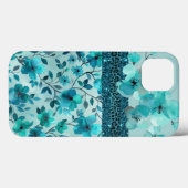 Aqua blue floral faux glitter Case-Mate iPhone case (Achterkant (horizontaal))