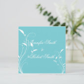 Aqua Blue Floral Filigree Wedding Invitation Kaart (Staand voorkant)