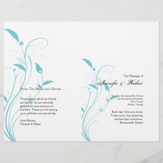 Aqua Blue Floral Filigree Wedding Programme (Voorkant)