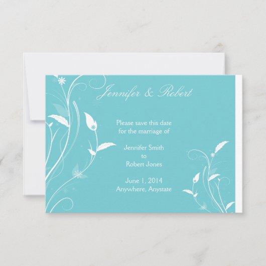 Aqua Blue Floral Filigree Wedding Save the Date (Voorkant)