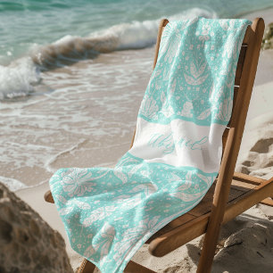 Aqua Blue Floral gepersonaliseerde William Morris Strandlaken