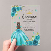Aqua Blue Floral Jurk Butterfly Gold Quinceanera Acryl Uitnodigingen (Insitu (Draagbaar))