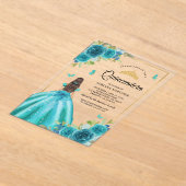 Aqua Blue Floral Jurk Butterfly Gold Quinceanera Acryl Uitnodigingen (Laagn)