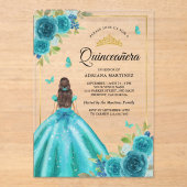 Aqua Blue Floral Jurk Butterfly Gold Quinceanera Acryl Uitnodigingen (Voorkant)
