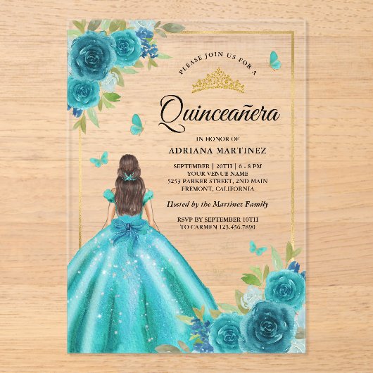 Aqua Blue Floral Jurk Butterfly Gold Quinceanera Acryl Uitnodigingen (Voorkant)