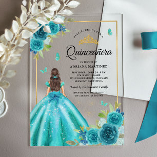 Aqua Blue Floral Jurk Butterfly Gold Quinceanera Acryl Uitnodigingen