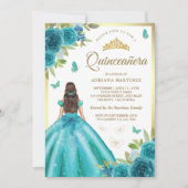 Aqua Blue Floral Jurk Butterfly Gold Quinceanera Kaart (Voorkant)