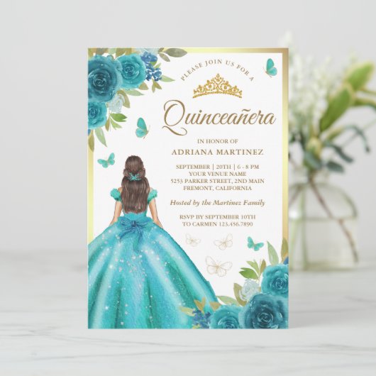 Aqua Blue Floral Jurk Butterfly Gold Quinceanera Kaart (Staand voorkant)