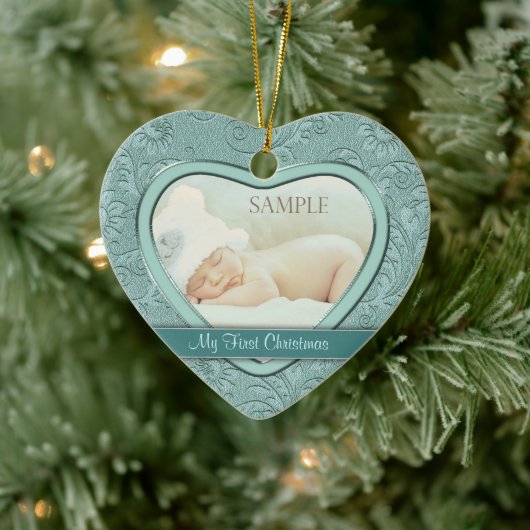 Aqua Blue Floral Swirl Baby Eerste Kerstmis Keramisch Ornament (Boom)