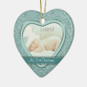 Aqua Blue Floral Swirl Baby Eerste Kerstmis Keramisch Ornament (Links)