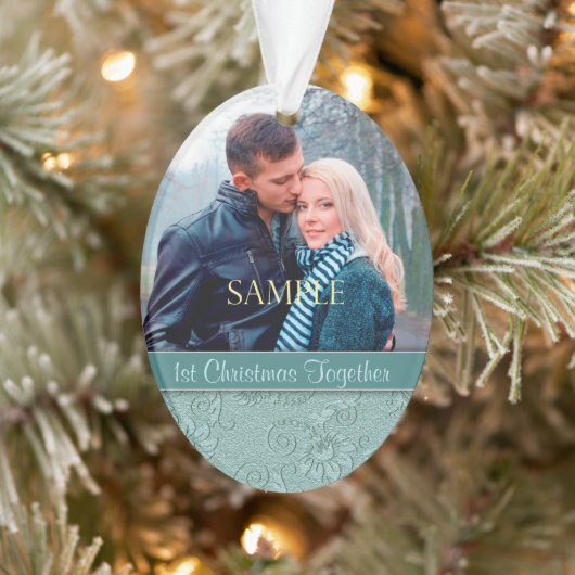 Aqua Blue Floral Swirl First Kerstmis Sjabloon Ornament (Boom)