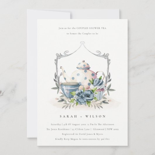 Aqua Blue Floral Teapot Cup Couples Bedankkaart (Voorkant)