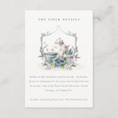 Aqua Blue floral Teapot Cup Crest Weddenschap Deta Informatiekaartje (Voorkant)