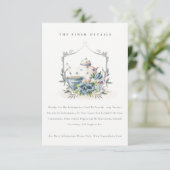 Aqua Blue floral Teapot Cup Crest Weddenschap Deta Informatiekaartje (Staand voorkant)
