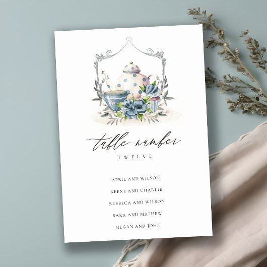 Aqua Blue floral Teapot Cup Crest Wedding Seating Kaart