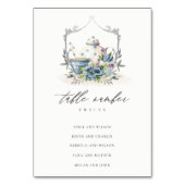 Aqua Blue floral Teapot Cup Crest Wedding Seating Kaart (Voorkant)