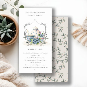 Aqua Blue Floral Teapot Cup Vrijgezellenfeest Invi Bedankkaart