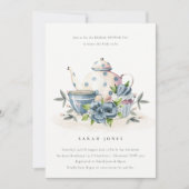 Aqua Blue Floral Teapot Cup Vrijgezellenfeest Invi Bedankkaart (Voorkant)