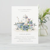 Aqua Blue Floral Teapot Cup Vrijgezellenfeest Invi Bedankkaart (Staand voorkant)