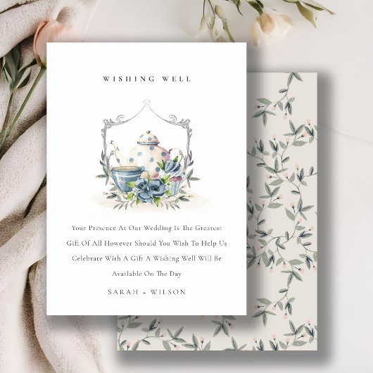 Aqua Blue floral Teapot Cup Weddengoed Informatiekaartje