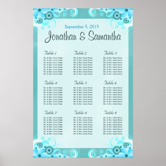 Aqua Blue Floral Wedding Table Seating Charts Poster (Voorkant)